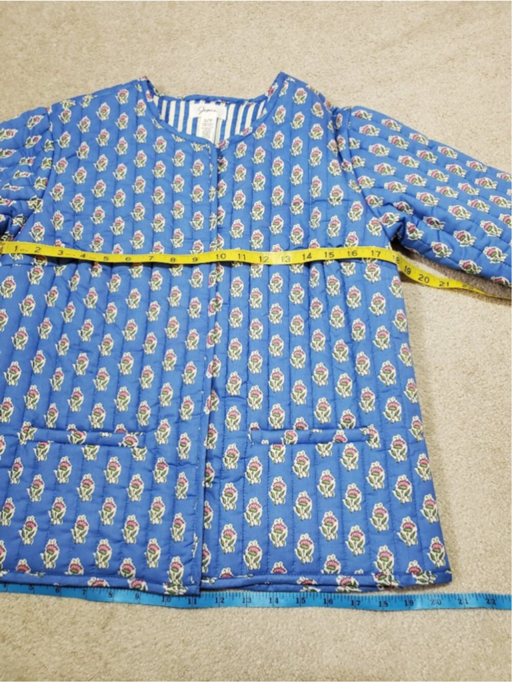 JAPNA Quilted Cotton Floral Jacket Blue Small Block Print Hook Front Cottagecore - Picture 12 of 14